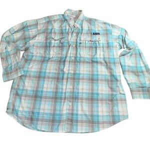 Columbia Sportswear men’s Plaid Fishing Shirt XL Vented Long Sleeve Teal Gray